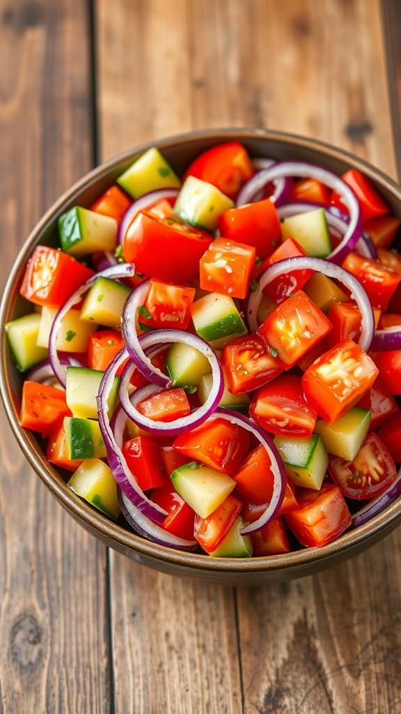 Refreshing Tomato, Cucumber, and Onion Salad A vibrant salad with diced tomatoes, cucumbers, and onions in a bowl, garnished with herbs on a wooden table.